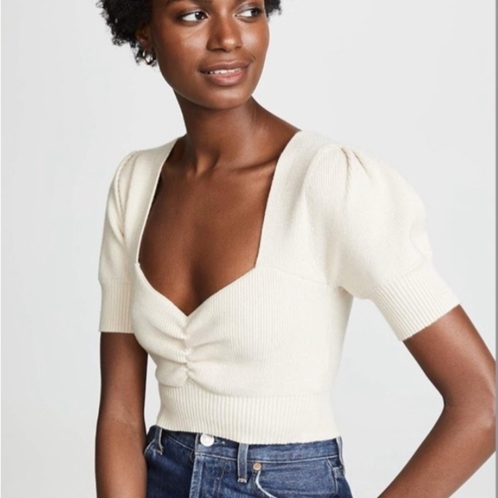 For Love and Lemons Knitz Oxford Short Puff Sleeve Crop Sweater Sweetheart Small